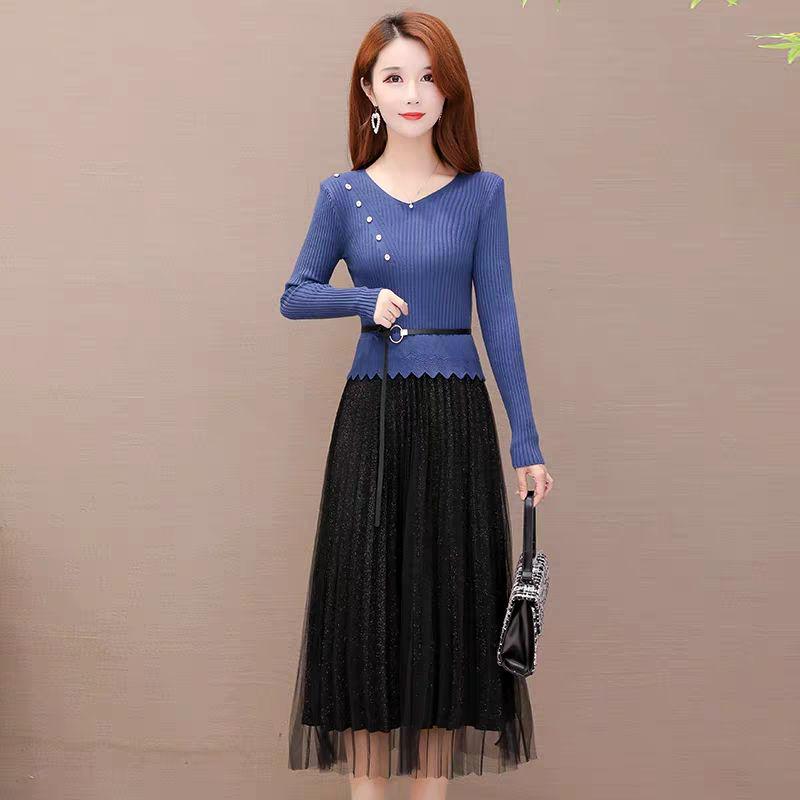 Knitted Women's Dress Fashion Korean Style Wild Mid-length Mesh Stitching Base Skirt