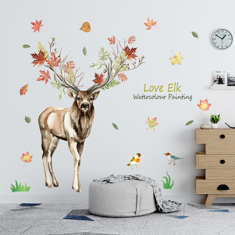 Nordic Elk Cartoon Wall Sticker Room Background Decoration Removable watercolour  painting wallpaper