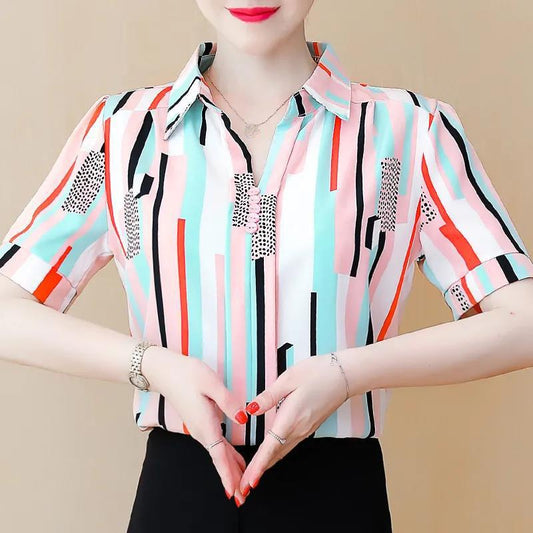 Striped Shirt Women Short-sleeved Stand-up Collar Striped Summer Women's Chiffon Shirt Loose and Thin Plaid Shirt Small Shirt Tops Workwear