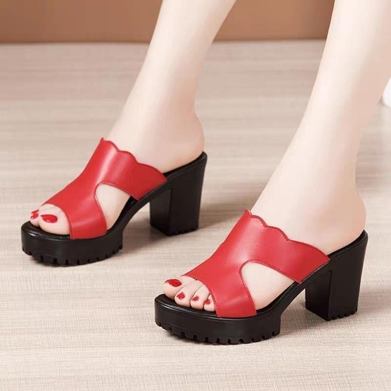 High Heel Soft Bottom Sandals and Slippers Women Thick Heel Soft Leather Summer Outer Wear Thick Bottom Non-slip Large Size Slippers