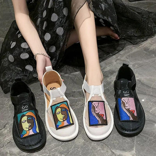 Ladies Summer Organza Abstract Women Slip-on Sandals Lightweight Non-slip Lazy Flat Sandals Breathable and Comfortable Shoes