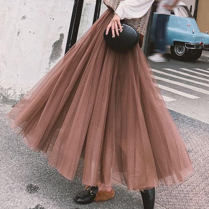 Mesh Skirt Skirt Women's Spring and Summer Pleated Skirt A-line Skirt Mid-length Skirt All-match Princess Skirt