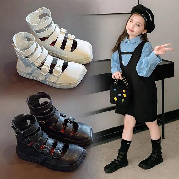 Girls' Soft Soled Shoes Solid Color Single Shoes Retro Roman Shoes Bright Leather Martin Boots Little Girl Princess Shoes