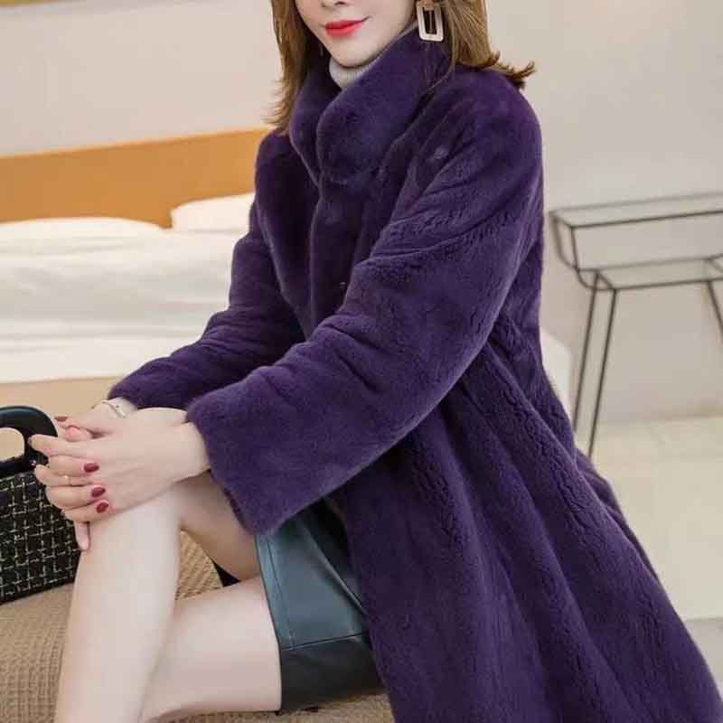 Fur Coat Women's Mid Length Mink Coat Stand Collar Straight Loose Faux Velvet Jacket