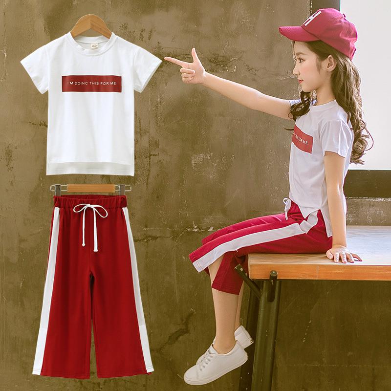 Girls Summer Breathable Thin Short-sleeved Suit Children's Loose Cropped Pants Casual Dancing Clothing Comfortable and Simple Two-piece Suit