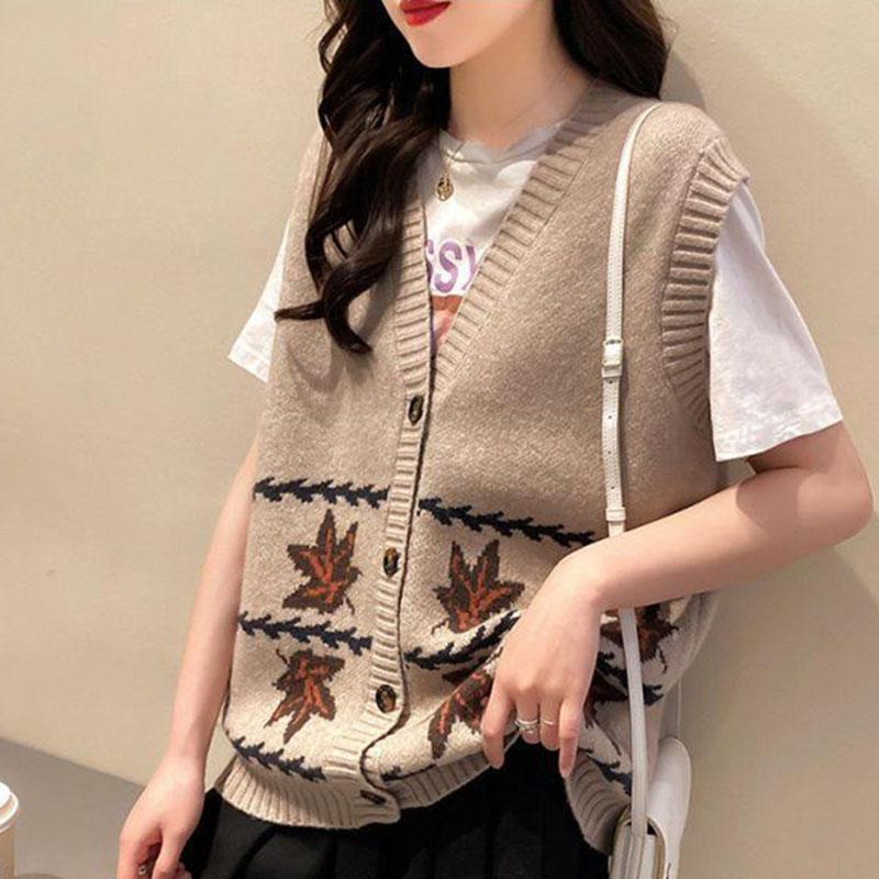 Spring and Autumn Fashion Knitted Vest Cardigan Loose and Versatile Tops Fashion Jacquard Women Sweater