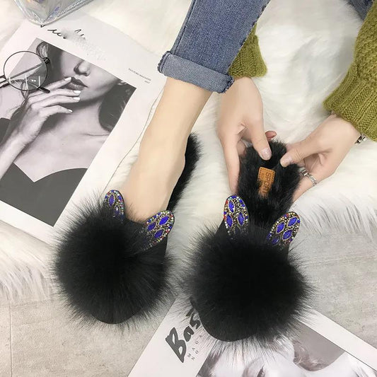 Furry Slippers Flat-bottomed Casual Wear Women's Shoes Artificial Rabbit Fur Cotton Slippers Women's Temperament Women's Shoes Moccasins