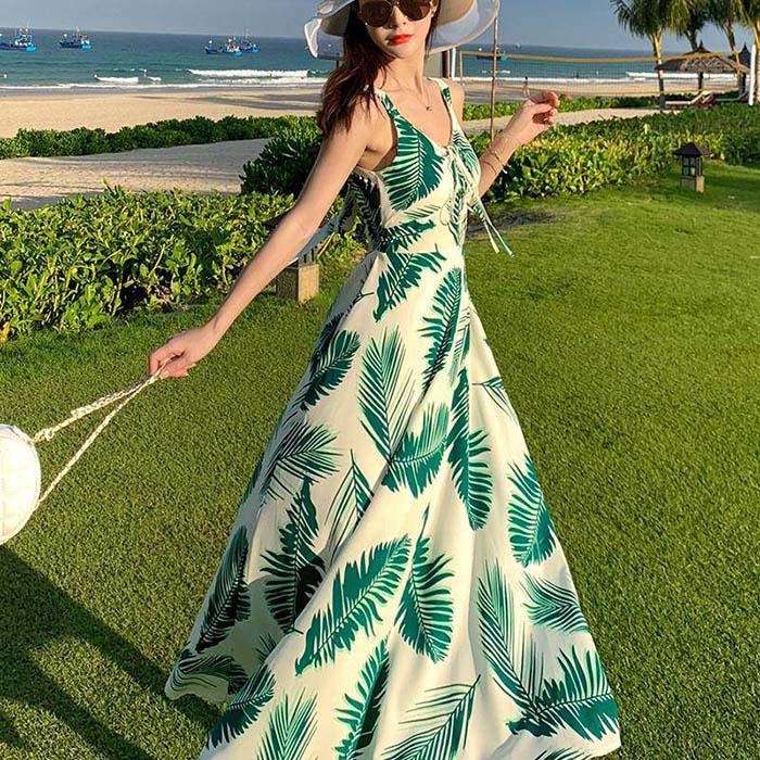 Pofulove Summer Women Green Leaf Sexy Dress Sun-dresses Sleeveless Below Knee Sleeveless Beach Dress