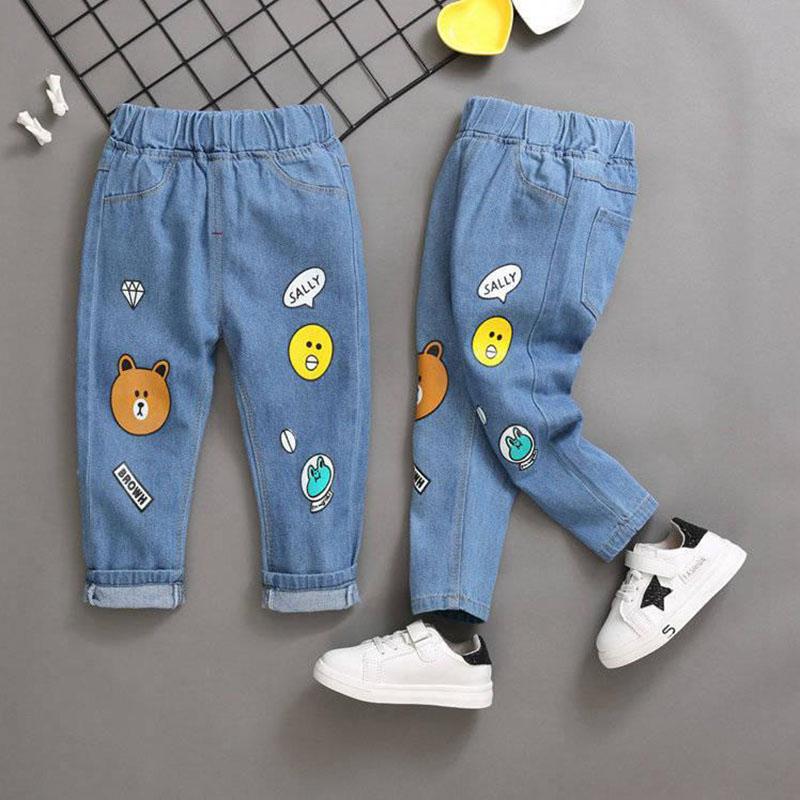 Spring and Autumn Boy and Girl Jeans Pants Children's Wear Korean Casual Pants Printing Baby Jeans Thin Ripped Jeans