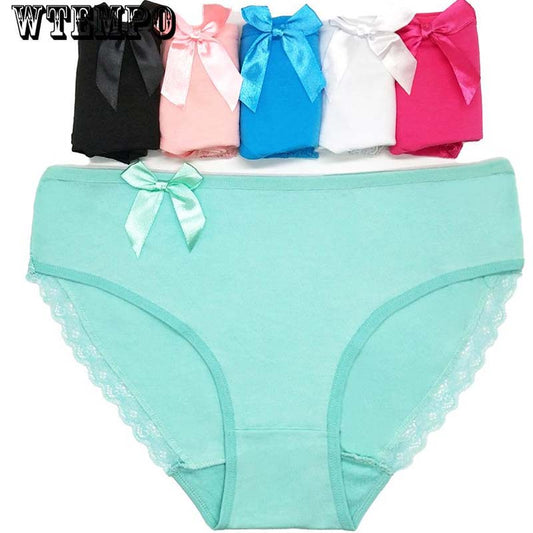 6pcs Women's Cotton Briefs Sexy Mid-rise Solid Lace Patchwork Panties Ladies Briefs Plus Size