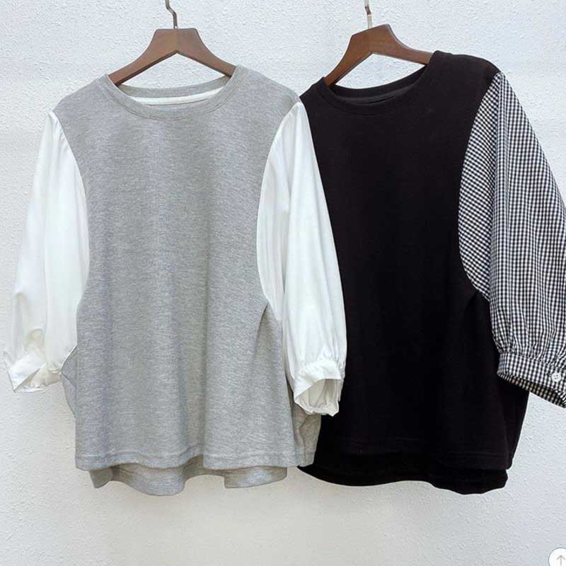 Outer Wear Single Shirt Fake Two Pieces Stitching Spring and Summer Design Loose T-shirt Ladies Long Sleeves