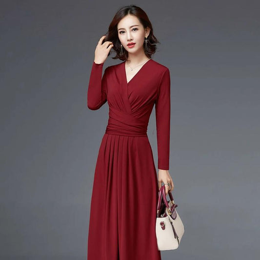 Elegant V-neck Slim Dress Banquet Vacation Mid-length Over-the-knee Long Skirt Waist Waist Slim V-neck Long Skirt A-line Skirt