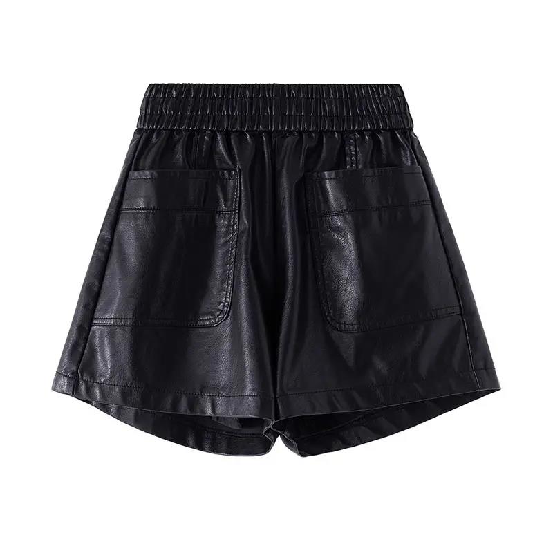 WTEMPO Black High Waist Leather Short Pants Women Thin Elastic Waist Pockets Decor PU Leather Shorts