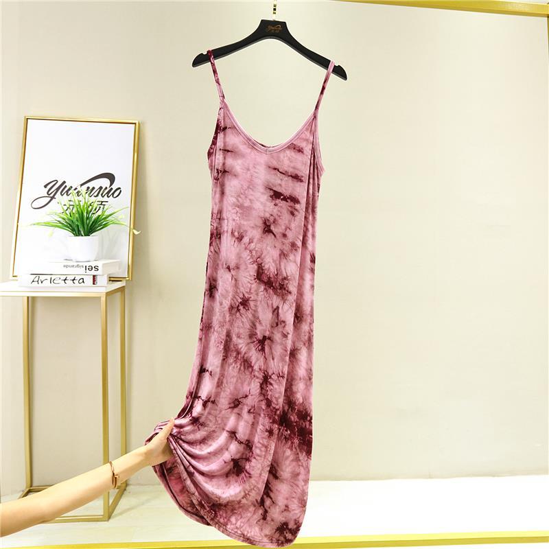 Female Thin Simple Suspender Modal Fiber Tie Dyed Sleeve Less A-line Waistcoat and Long Dress