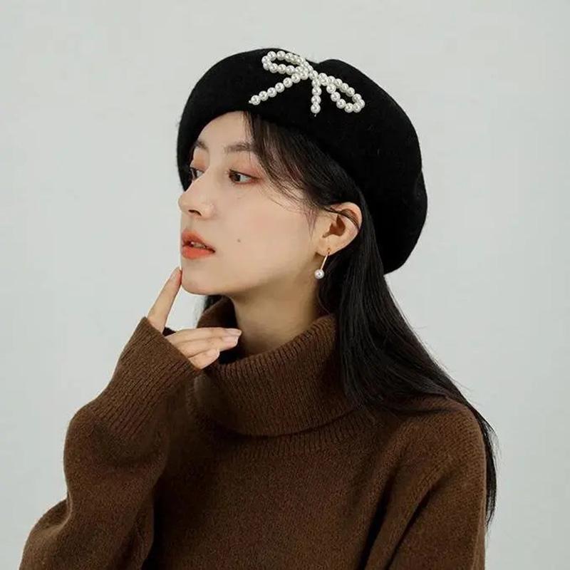 Retro Pearl Bow Beret Hat Women's Spring Autumn Retro Wool Blend Painter Hat All-match Elegant Black Hat