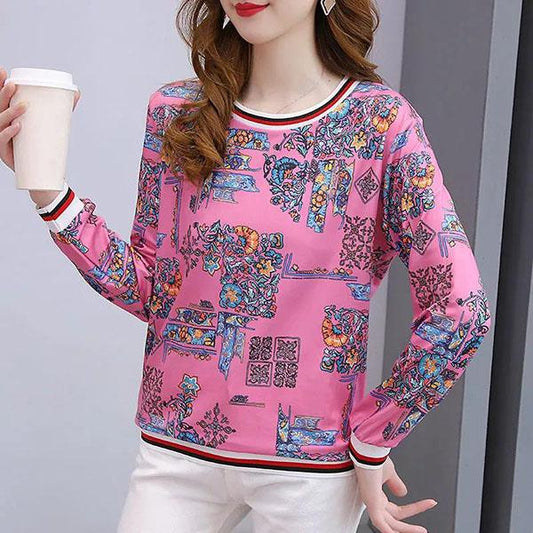 Spring and Autumn Women's Long Sleeve T-Shirt Large Size Loose Round Collar Versatile Tops Female Casual Printed Blouse