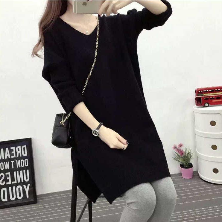 Ashion Winter Autumn Womens Sweaters Casual Long Sleeve Knitted Jumper V Neck Sweaters Dress