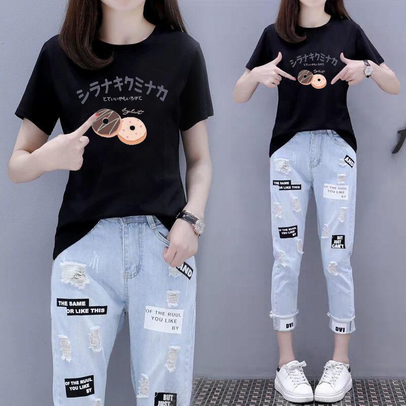 Suit Women Summer Short-sleeved T-shirt Nine-point Jeans Loose Two-piece Round Neck Short-sleeved T-shirt Loose Jeans