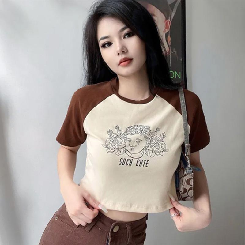 Printed Contrast Color T-shirt Women's Short Raglan Sleeves Slim Fit Cartoon Solid Color All-match Top Summer Tide