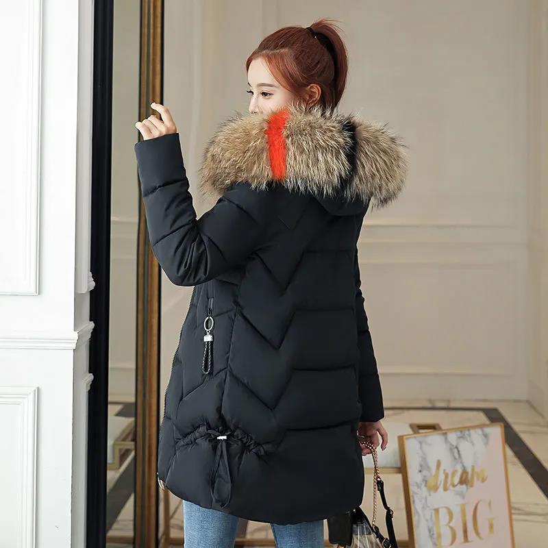 Down Jacket Winter Ladies Fashion Korean Big Fur Collar Thick Warm Hooded Mid-length Plus Size Cotton Jacket