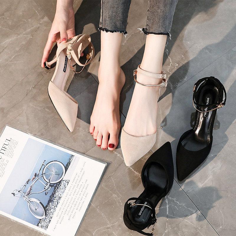 Spring  Summer Mid-heel 7cm High-heeled Shoes Women's Stiletto Pointed Toe Toe Sandals One-word Buckle Hollow Single Shoes