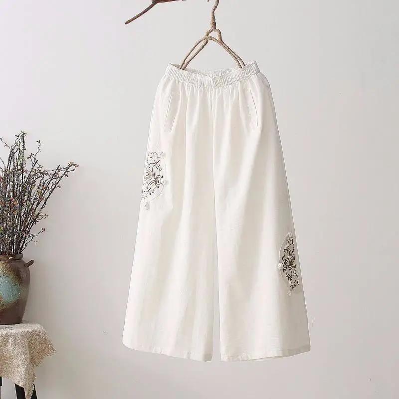 WTEMPO Cotton and Linen Retro Embroidery Women Spring and Summer Loose Solid Color Casual Trousers