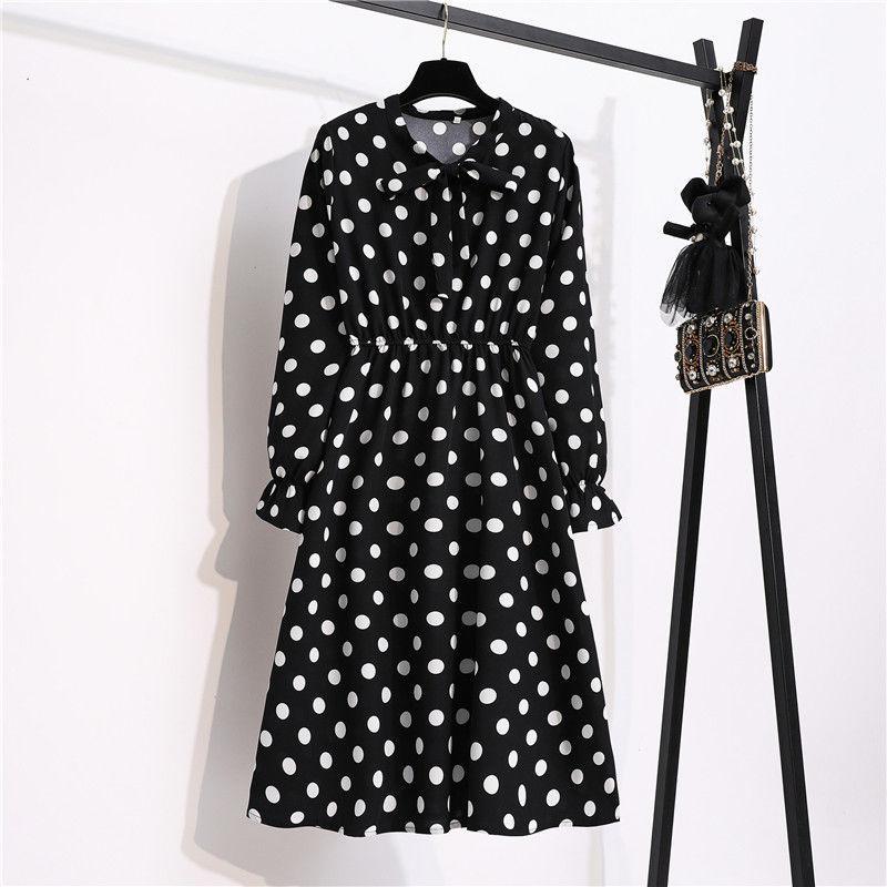 Women's Chiffon Dress Female Vintage Floral Printed Long Sleeve Bow Midi Dresses Spring Autumn Flare Sleeve