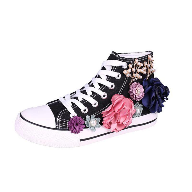 Popular Canvas Shoes Small White Shoes Women's High-top Handmade Custom Three-dimensional Flower Pearl Flat Casual Student Shoes