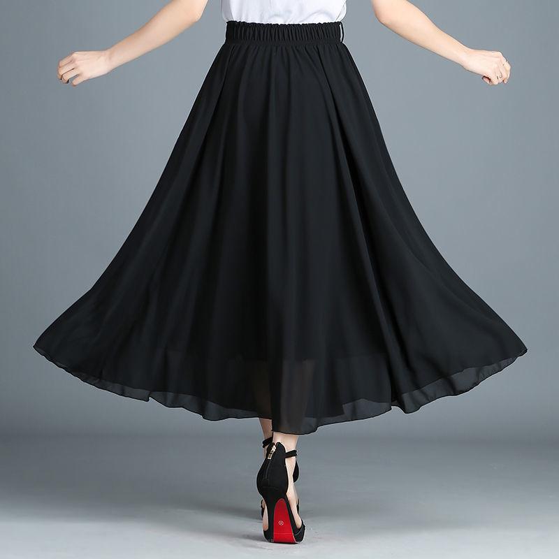 Women Vintage Elegant  High Waist A-line Chiffon Skirt Long Pleated Skirt