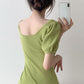 2021 New Short Sleeve Solid Vintage Women Dress Korean Knit Stretch Waist Elegant Dresses O Neck Bodycon