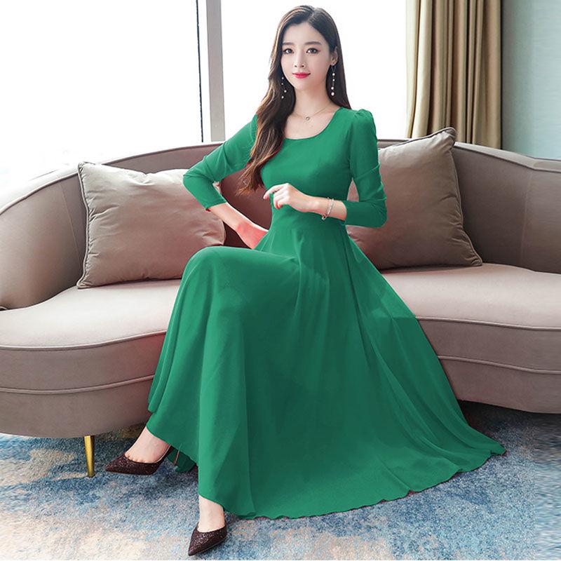 Chiffon large swing dress female long spring and autumn dress plus size long-sleeved slim skirt