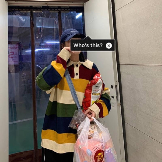 Pofulove Autumn Winter Harajuku Colorful Striped Sweater Female Loose Lazy Long-sleeved Sweater Coat