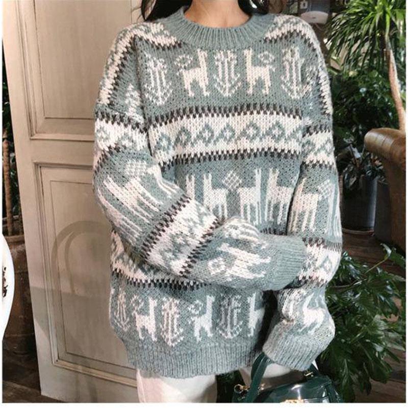 Vintage women christmas sweaters loose mid-length pullover thickened O-neck Fawn printing sweater