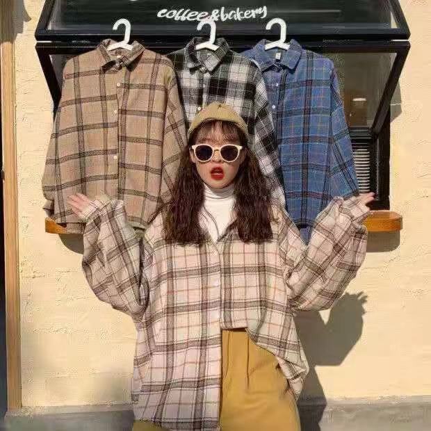 Women Large Size Blouses Turn-down Collar Spring and Autumn Plaid Shirts Batwing-sleeve Loose Outwear 4 Colors Chic Shirts