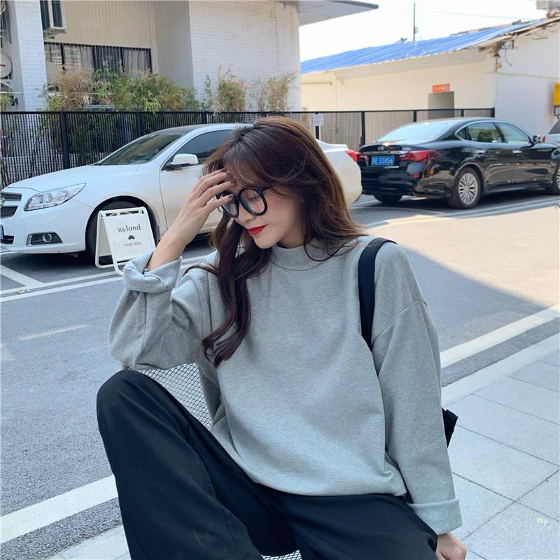 Pofulove Wild Long-sleeved Bottoming Winter Half-high Collar Fleece Thickened T-shirt Women Loose