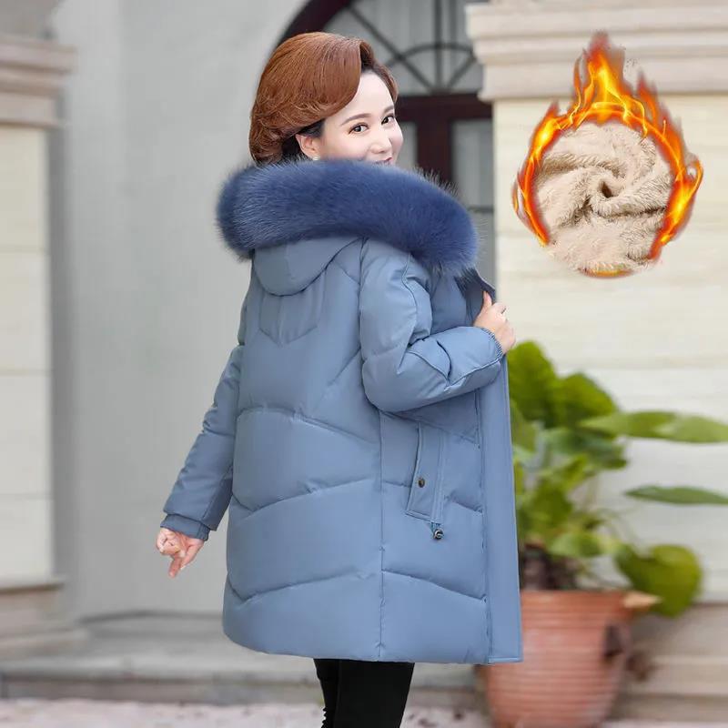 Winter Down Cotton Jacket Fashion Hooded Mid-length Jacket Thick Warm Cotton Jacket Suitable for Middle-aged Women