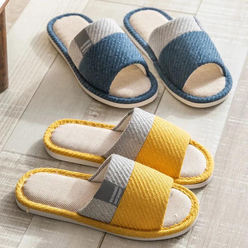 Men's Spring and Autumn Home Linen Slippers Home Indoor Couples Thick Bottom Non-slip Cotton Linen Breathable Four Seasons Slippers