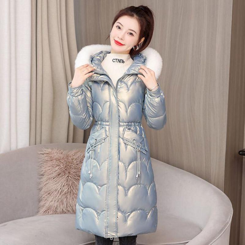 Down Cotton Jacket Winter Thicken Warm Loose Fashion Color Glossy Disposable Hooded Mid-length Cotton Jacket Women