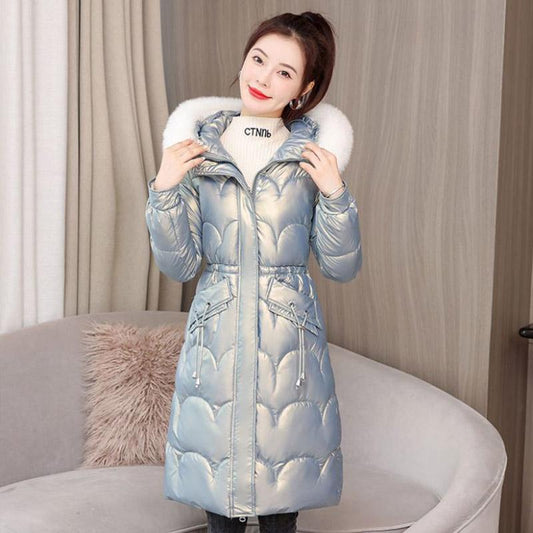 Down Cotton Jacket Winter Thicken Warm Loose Fashion Color Glossy Disposable Hooded Mid-length Cotton Jacket Women