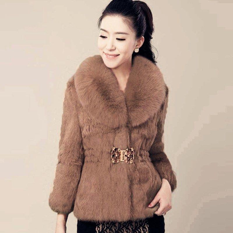 Elegant Faux Fur Coat Women Autumn Winter Thick Warm Soft Fleece Jacket P Outerwear V Neck Faux Rabbit Hair Coat with Fur Collar