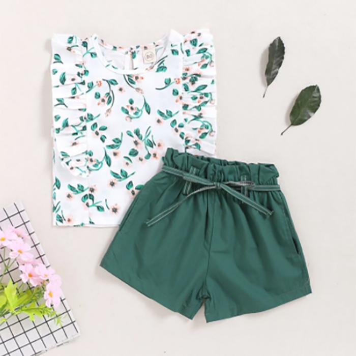 2PCS Children Clothing Set Spring Summer Girls Suits Printing Short Ruffles Sleeve Tops + Pants Clothing Set