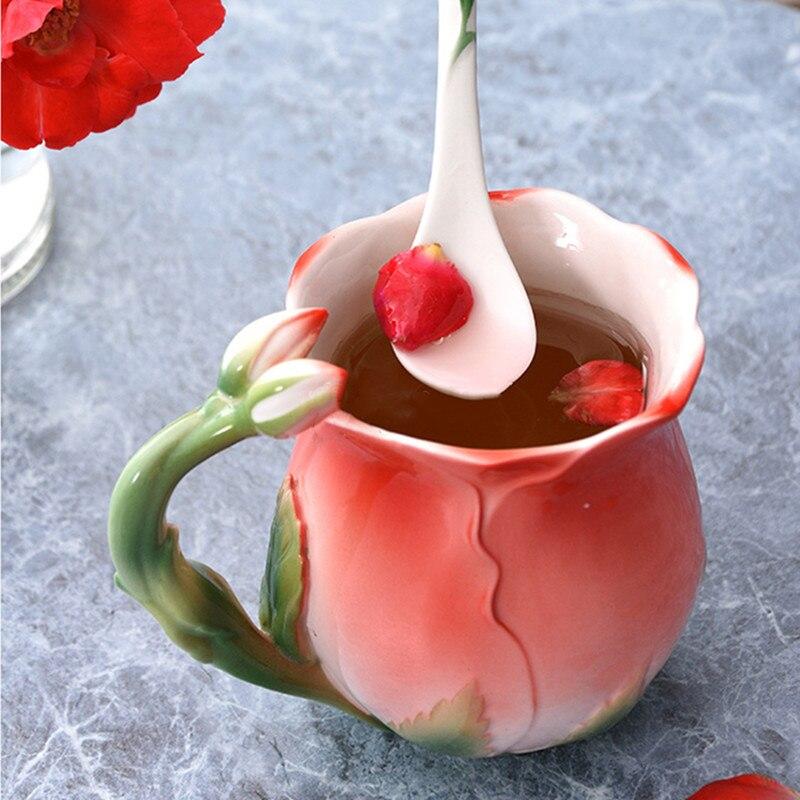 European Style Enamel Ceramic Coffee Mug Creative 3D Rose Flower Shape Teacups Pastoral 4 Colors Breakfast Milk Cups with Spoon