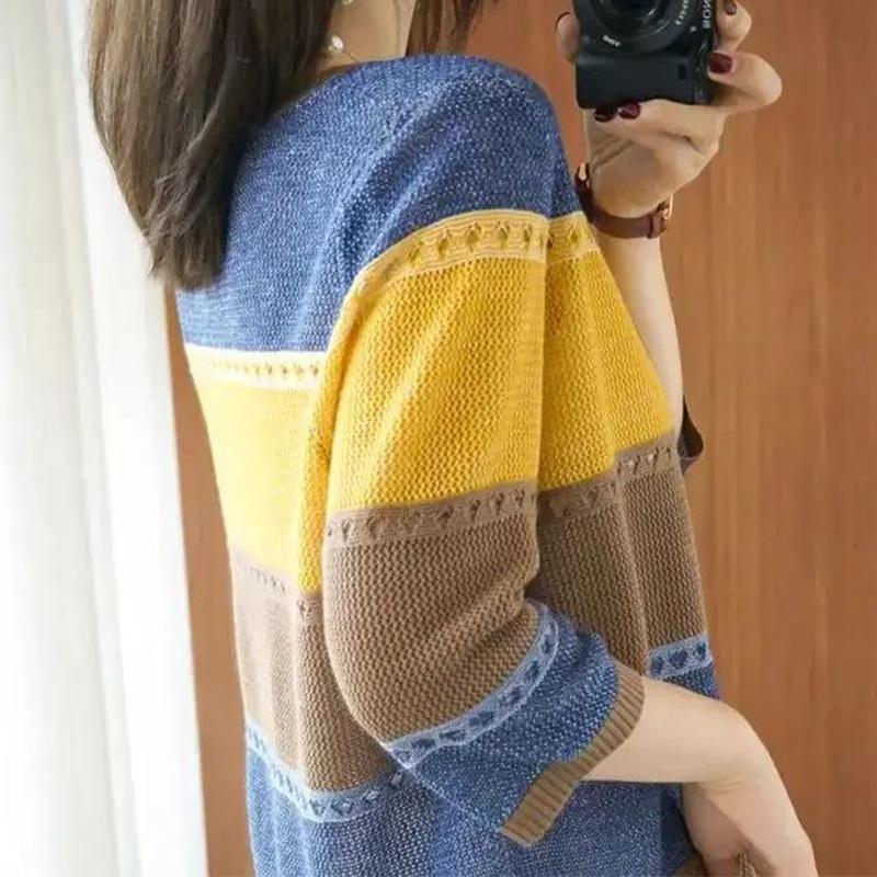 Spring Striped Hollow Ladies Knitwear Thin Knit Mid Sleeves Round Neck Loose