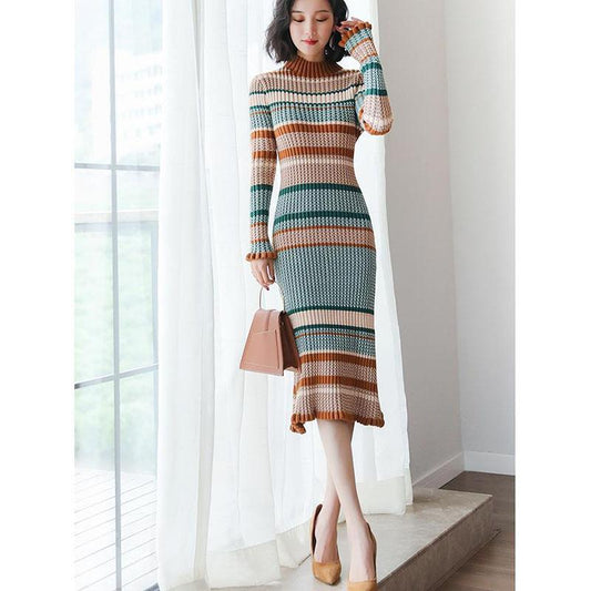 Autumn and Winter Long Knitted Dress French Retro Dress High Neck Over The Knee Women Sweater Dress