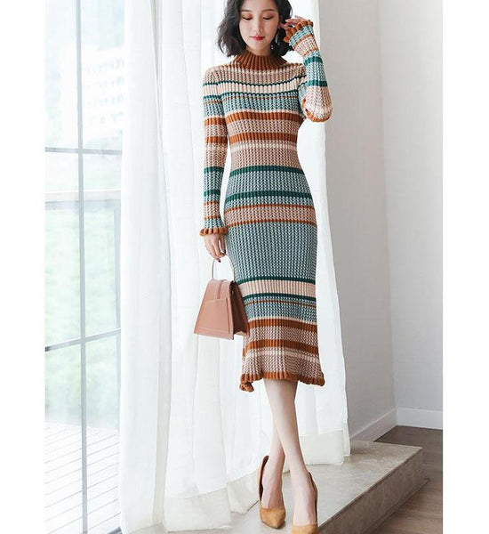 Autumn and Winter Long Knitted Dress French Retro Dress High Neck Over The Knee Women Sweater Dress