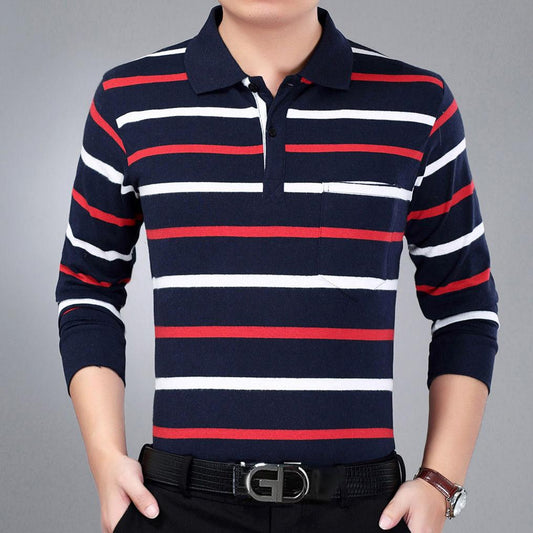 Men's Long-sleeved POLO Shirt Autumn Business Men's Middle-aged and Elderly Large Size Striped T-shirt Lapel Top