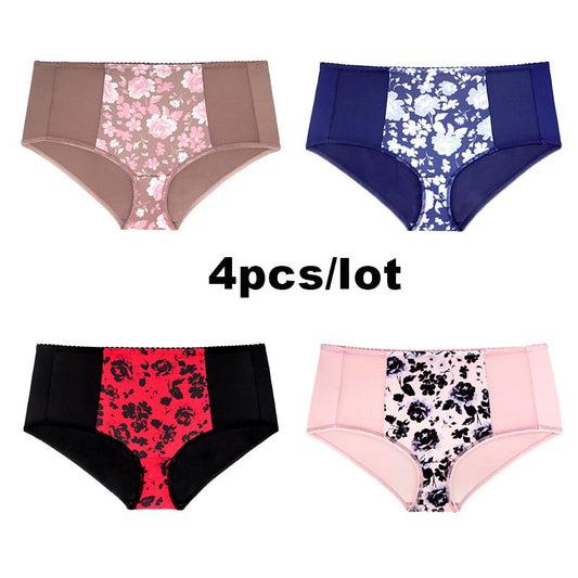 4Pcs Spring/Summer Sexy Lace Printed Panties Plus Size Ladies Briefs High Waist Plus Size Mommy Pants L-5XL