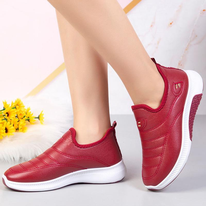 Winter Cotton Shoes Women's Leather Waterproof Plus Velvet Mother Shoes Flat Non-slip Warm Middle-aged and Elderly Short Boots