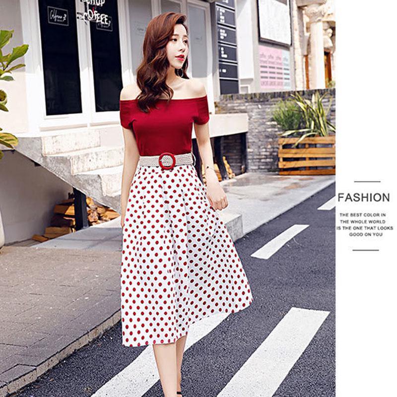 Pofulove Women Summer T Shirt Set Off Shoulder T-shirt High Waist Polka Dot Skirt 2piece Sets