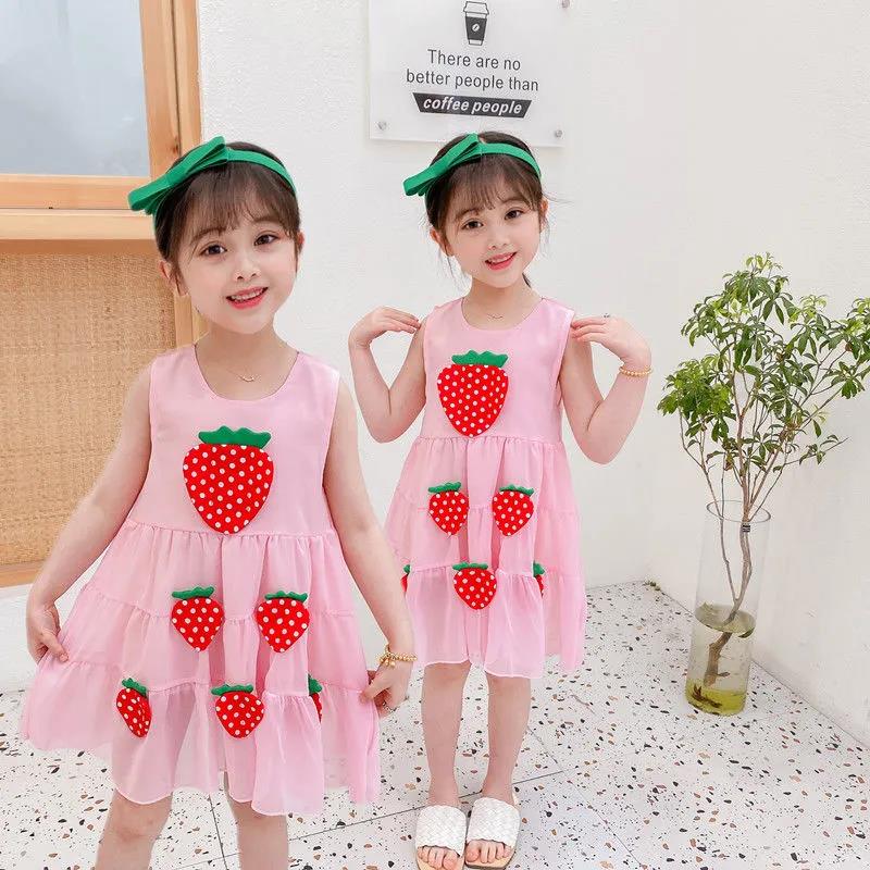 Summer Girls Dress 0-5 Years Old Baby Girl Skirt Baby Sleeveless Chiffon Vest Skirt Cute Cake Skirt Strawberry Skirt